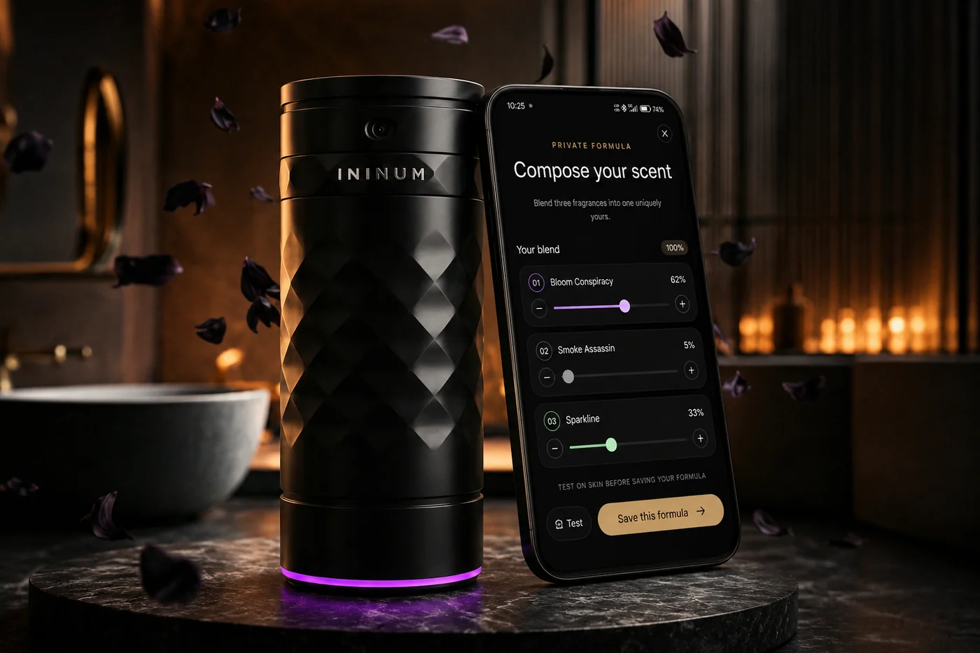 ININUM device beside the app showing a personal fragrance formula
